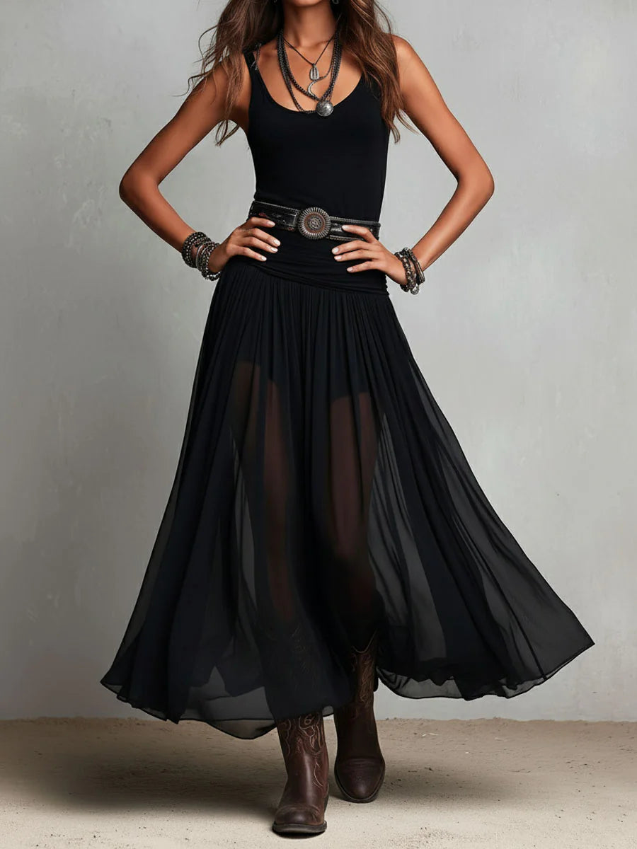 Abito Maxi Nero Senza Maniche con Gonna in Tulle e Cintura