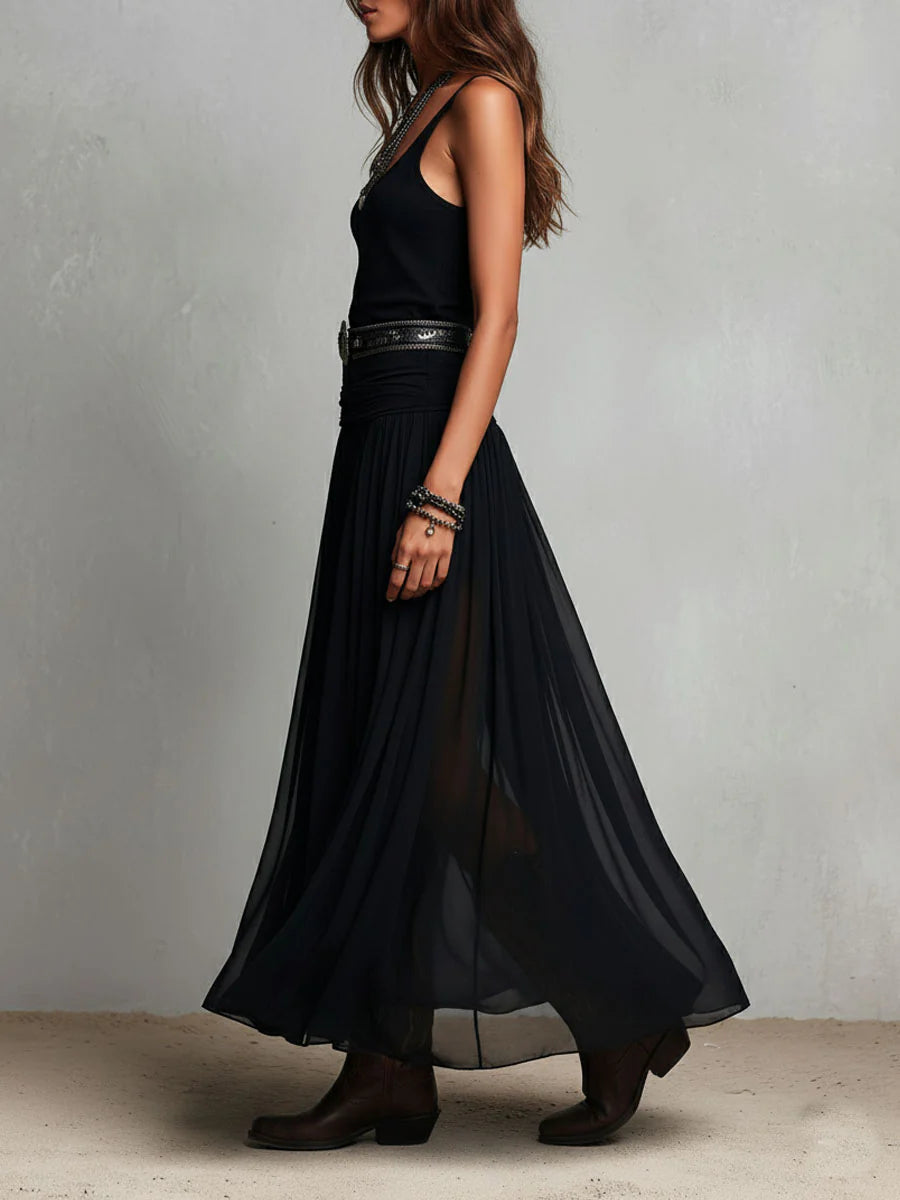 Abito Maxi Nero Senza Maniche con Gonna in Tulle e Cintura