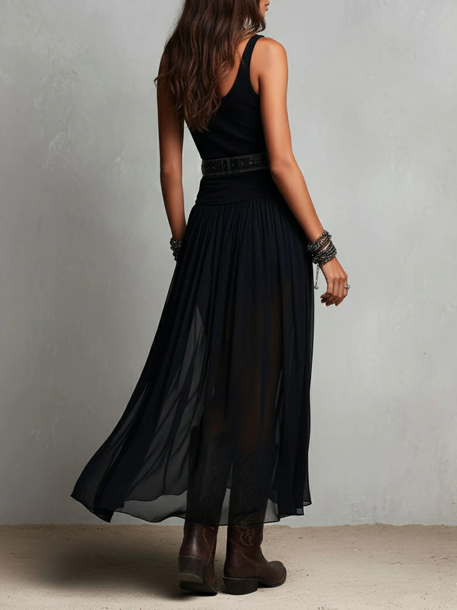 Abito Maxi Nero Senza Maniche con Gonna in Tulle e Cintura