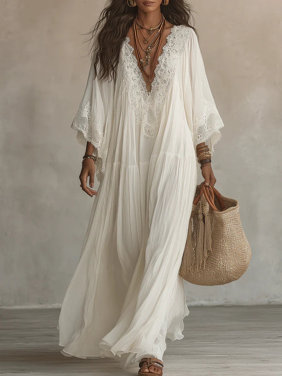 Maxi Abito Nero in Chiffon con Pizzo e Maniche Fluttuanti