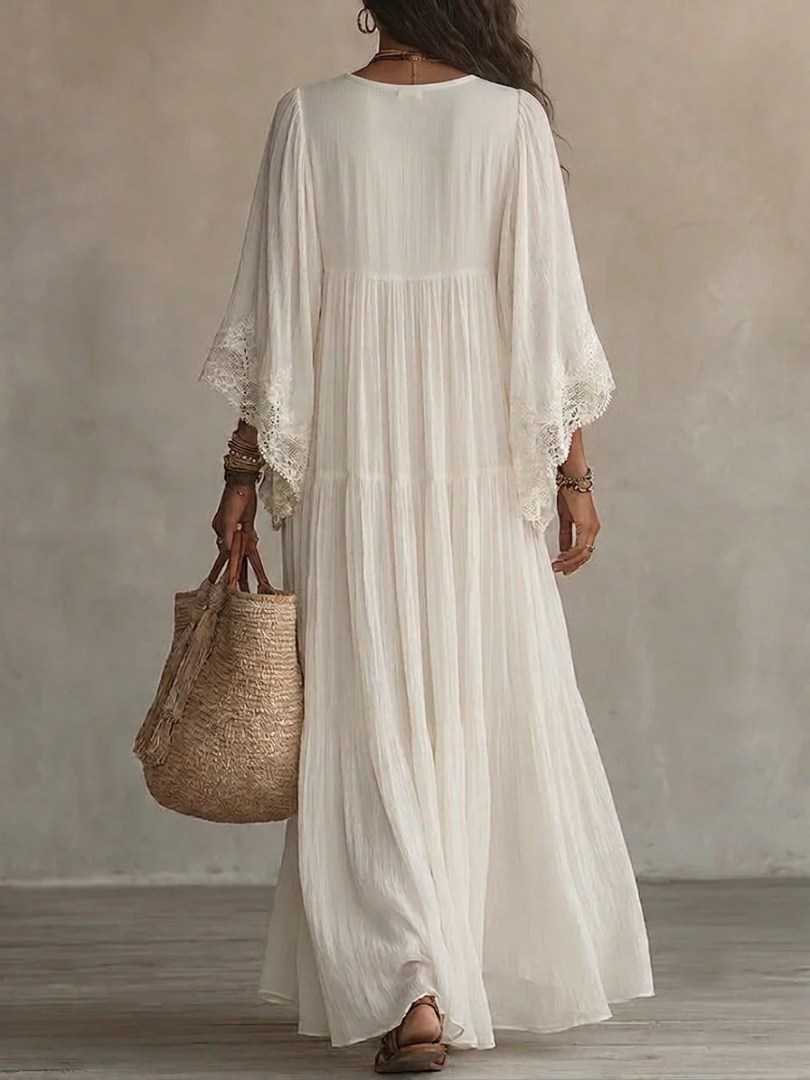 Maxi Abito Nero in Chiffon con Pizzo e Maniche Fluttuanti