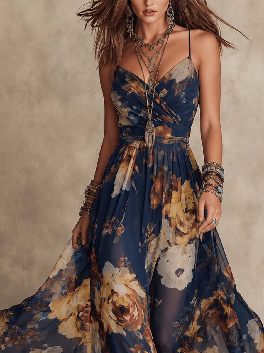 Maxi Abito in Chiffon Blu Marino con Motivo Floreale e Spalline Sottili