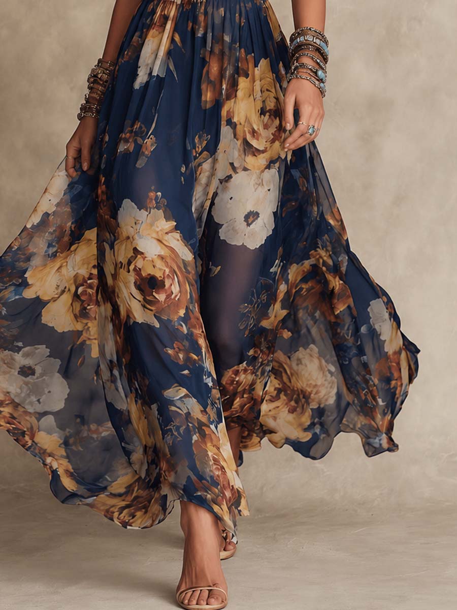 Maxi Abito in Chiffon Blu Marino con Motivo Floreale e Spalline Sottili