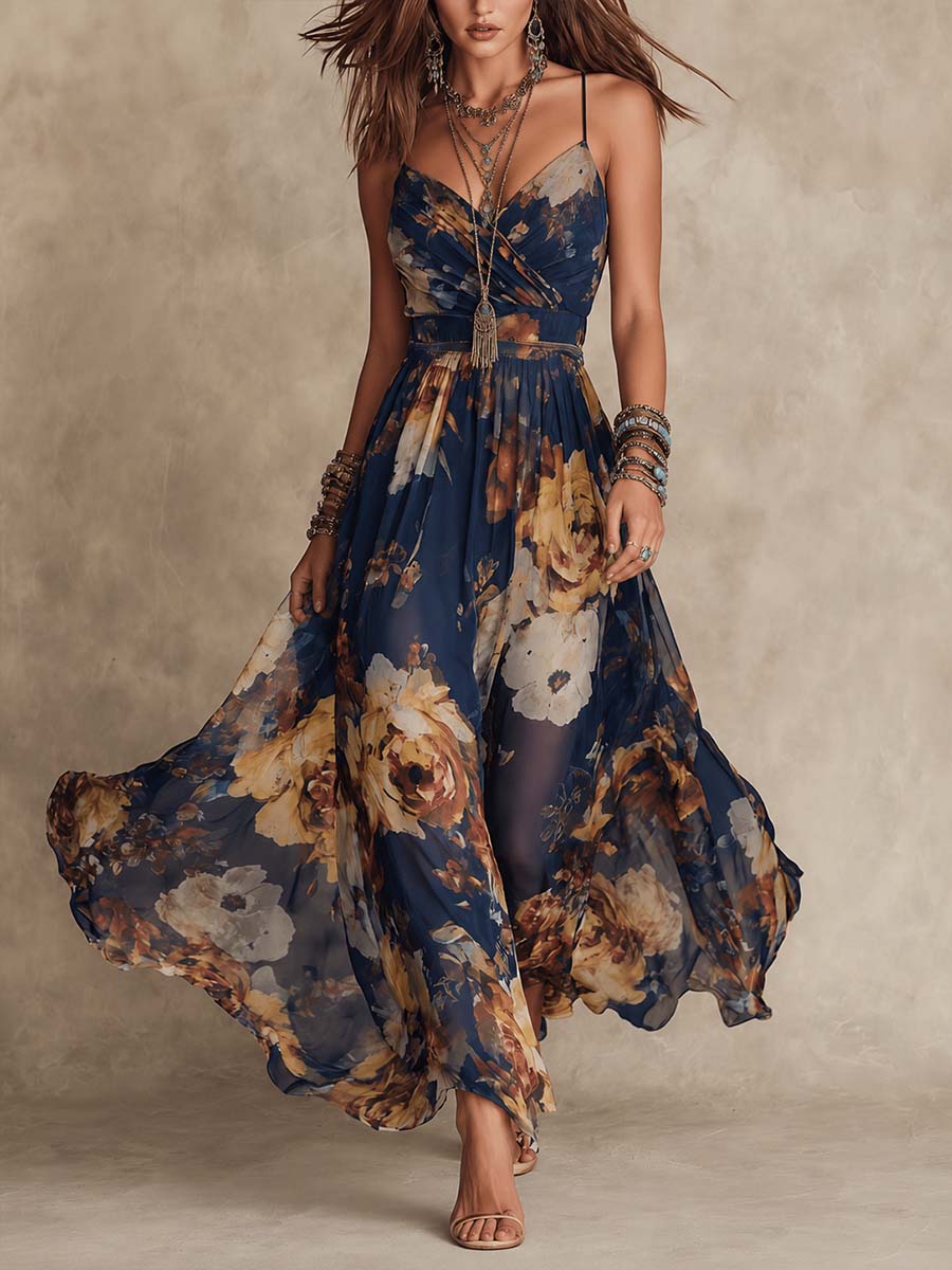 Maxi Abito in Chiffon Blu Marino con Motivo Floreale e Spalline Sottili