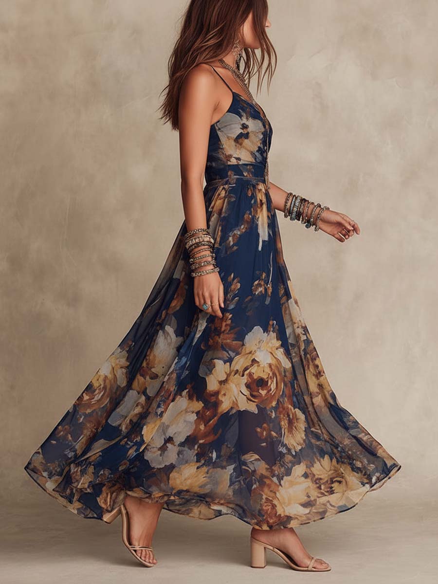 Maxi Abito in Chiffon Blu Marino con Motivo Floreale e Spalline Sottili