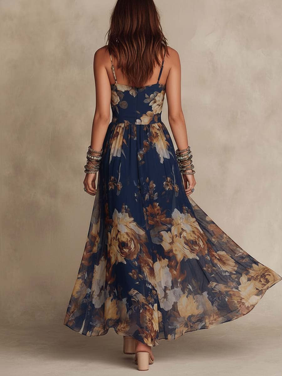 Maxi Abito in Chiffon Blu Marino con Motivo Floreale e Spalline Sottili