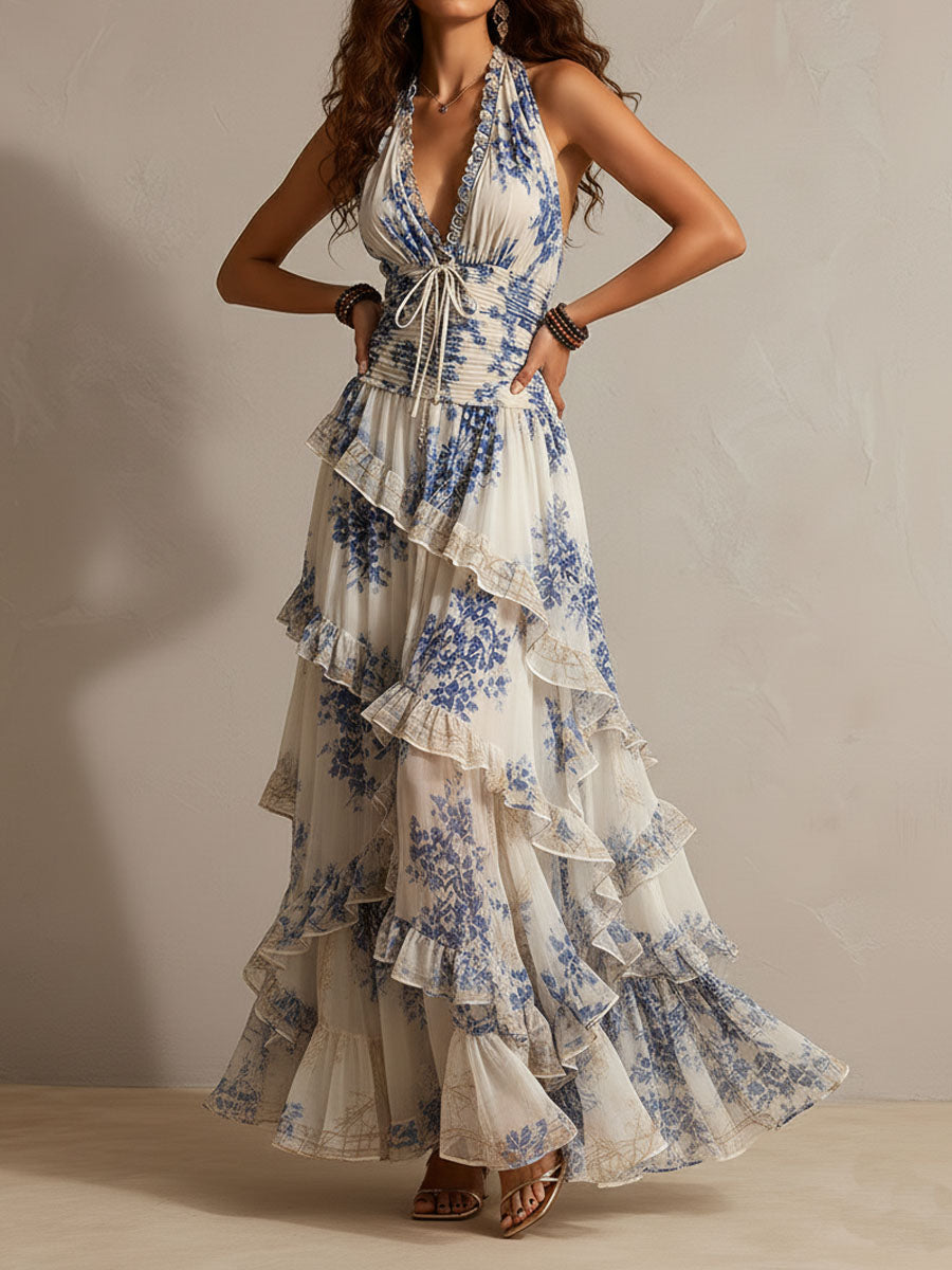 Maxi Abito Floreale Blu e Bianco con Collo Halter e Dettagli Volant