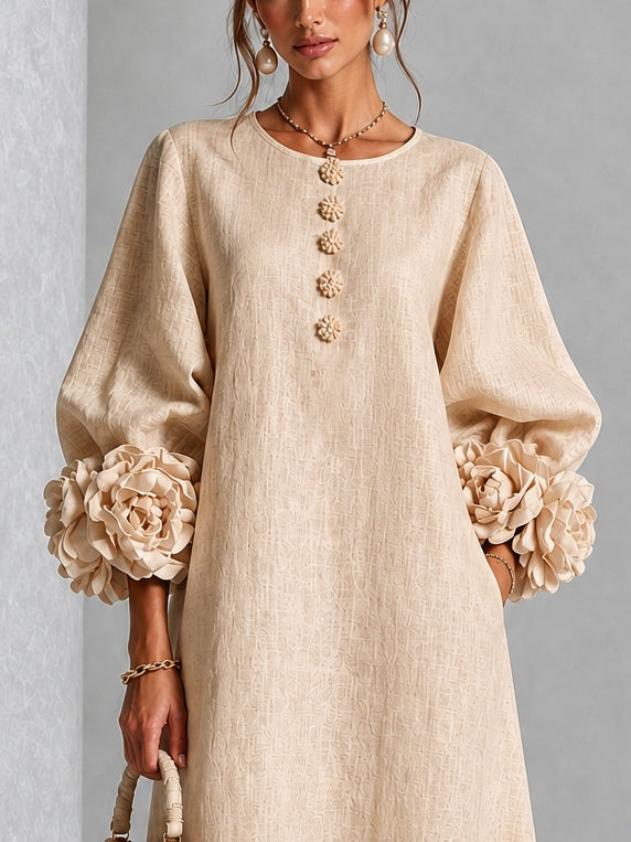 Abito Midi con Bottoni e Maniche Floreali Voluminose