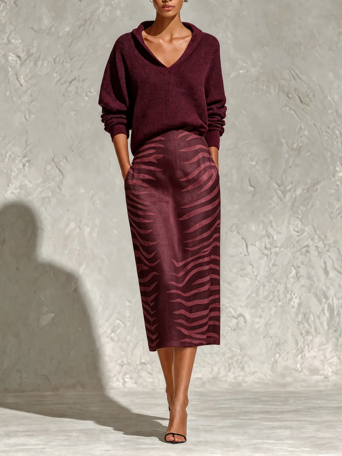 Top a Maglia Nera con Collo e Gonna Midi in Lino a Zebra Due Pezzi