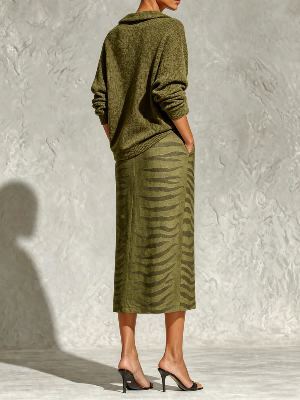 Top a Maglia Nera con Collo e Gonna Midi in Lino a Zebra Due Pezzi