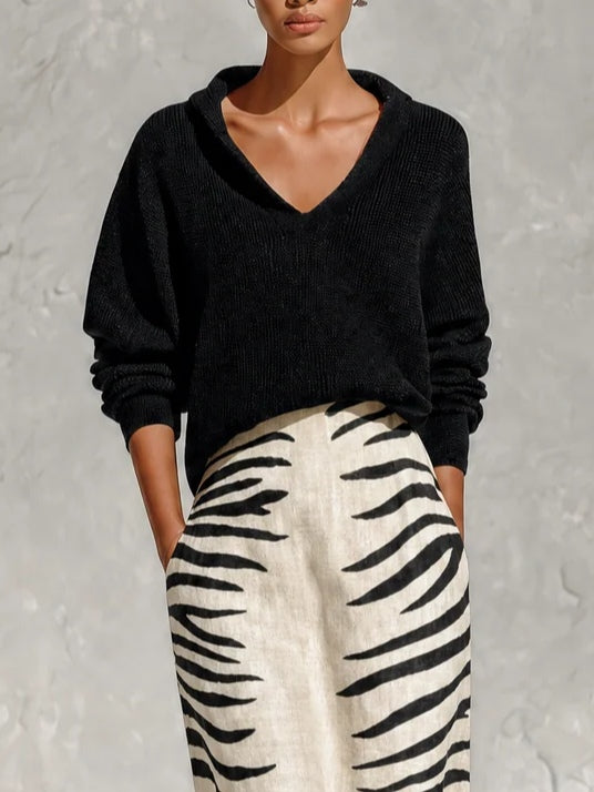Top a Maglia Nera con Collo e Gonna Midi in Lino a Zebra Due Pezzi