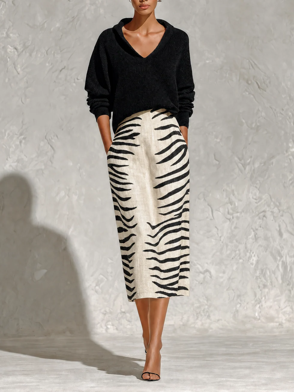 Top a Maglia Nera con Collo e Gonna Midi in Lino a Zebra Due Pezzi