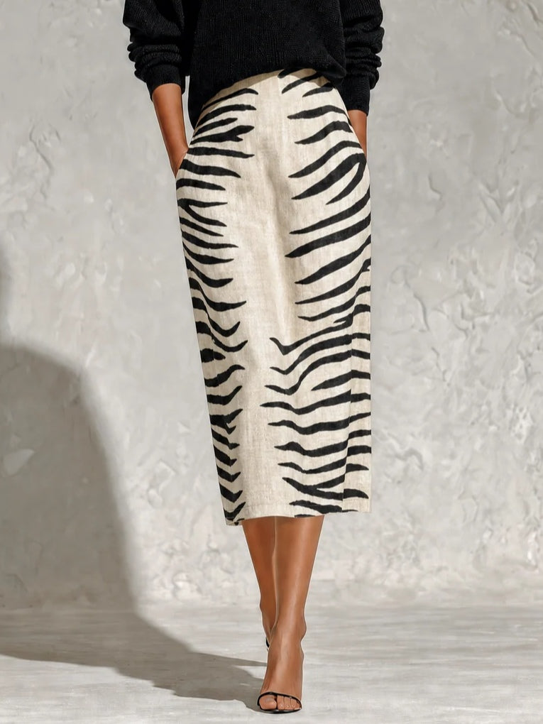 Top a Maglia Nera con Collo e Gonna Midi in Lino a Zebra Due Pezzi