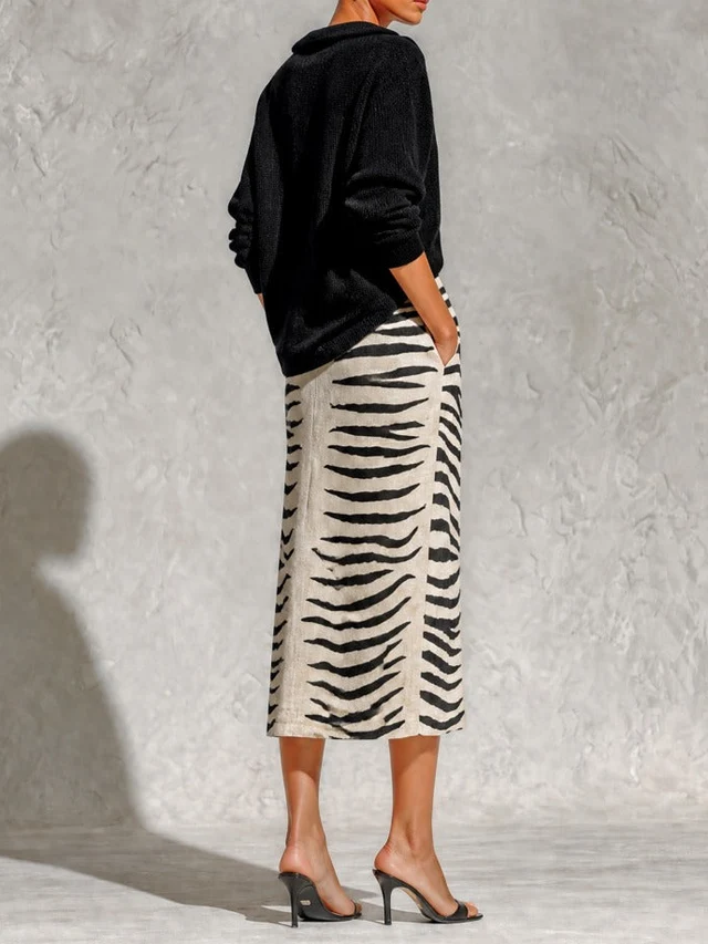 Top a Maglia Nera con Collo e Gonna Midi in Lino a Zebra Due Pezzi