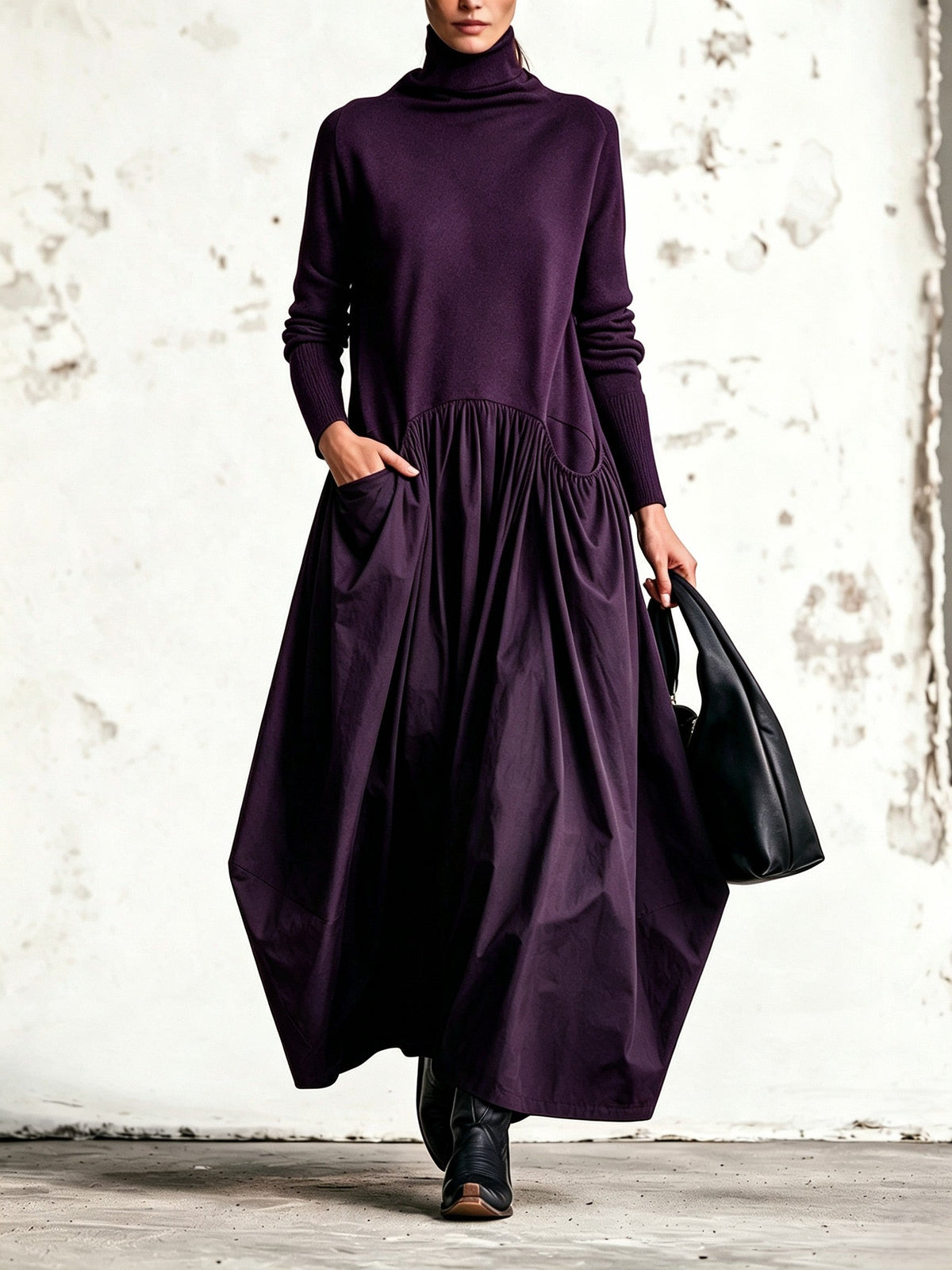Abito Maxi Oversized Nero con Collo Alto e Dettaglio Tasche