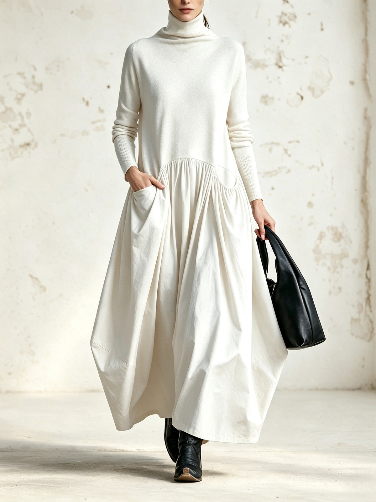 Abito Maxi Oversized Nero con Collo Alto e Dettaglio Tasche