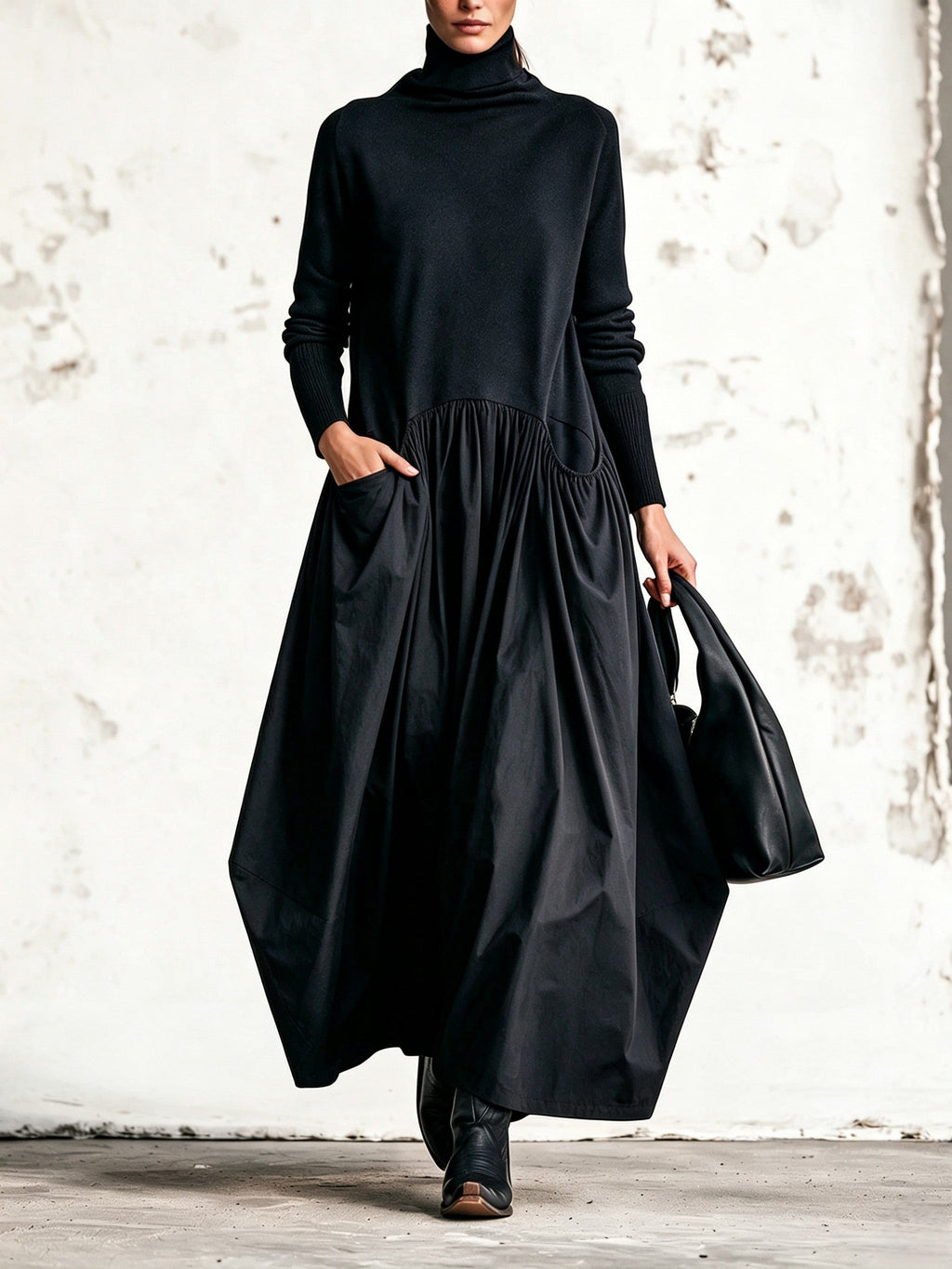 Abito Maxi Oversized Nero con Collo Alto e Dettaglio Tasche