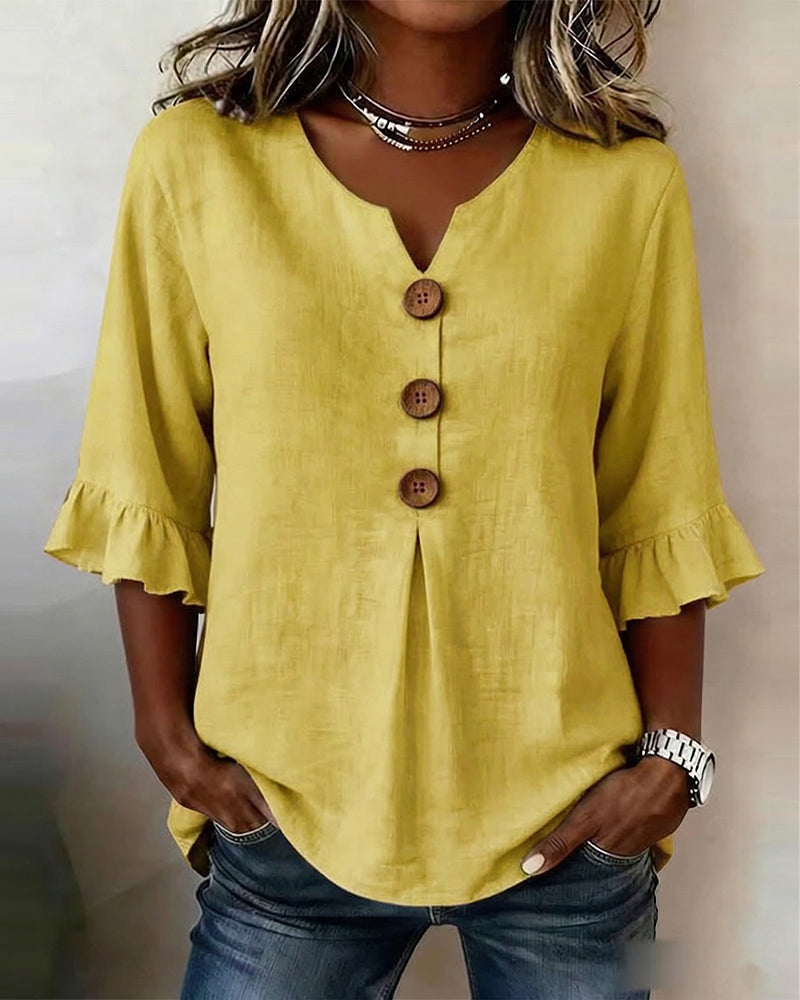 Sophia - Bluse in cotone-lino con bottoni in legno e volant