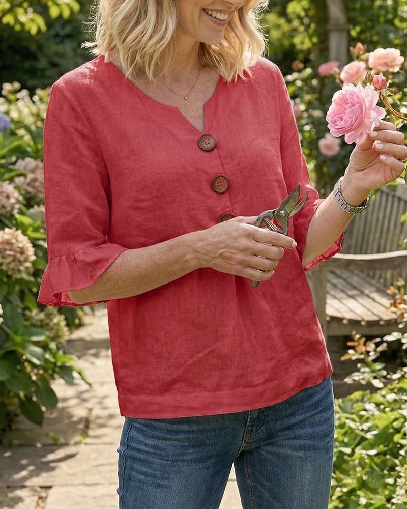 Sophia - Bluse in cotone-lino con bottoni in legno e volant