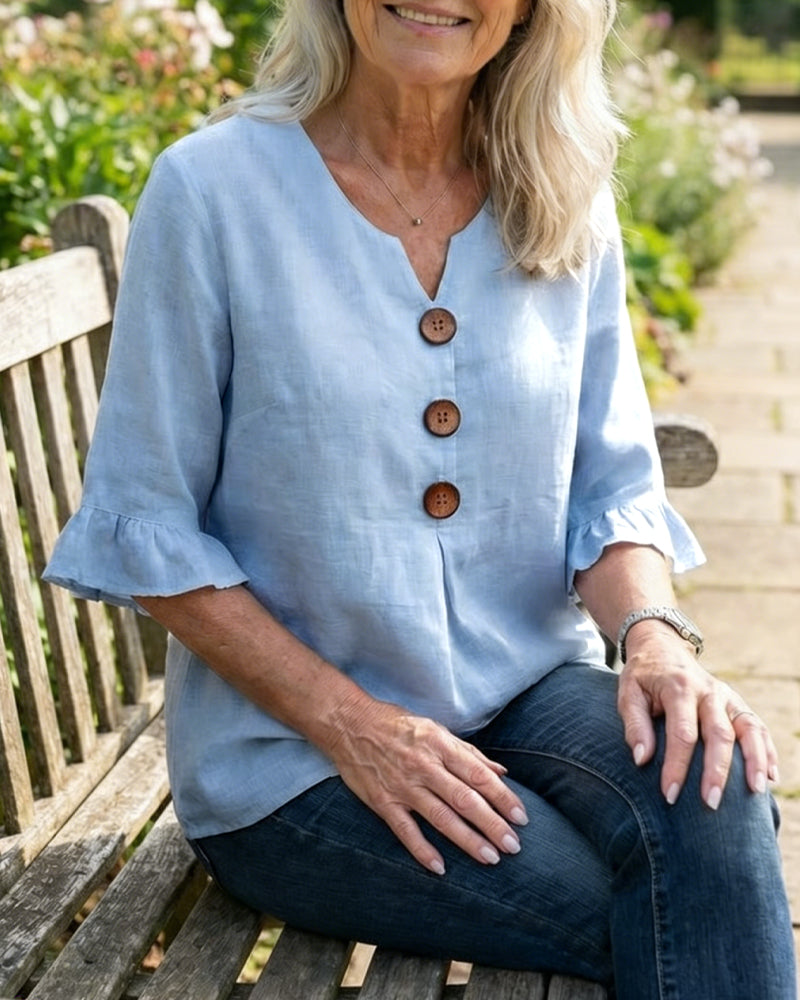 Sophia - Bluse in cotone-lino con bottoni in legno e volant
