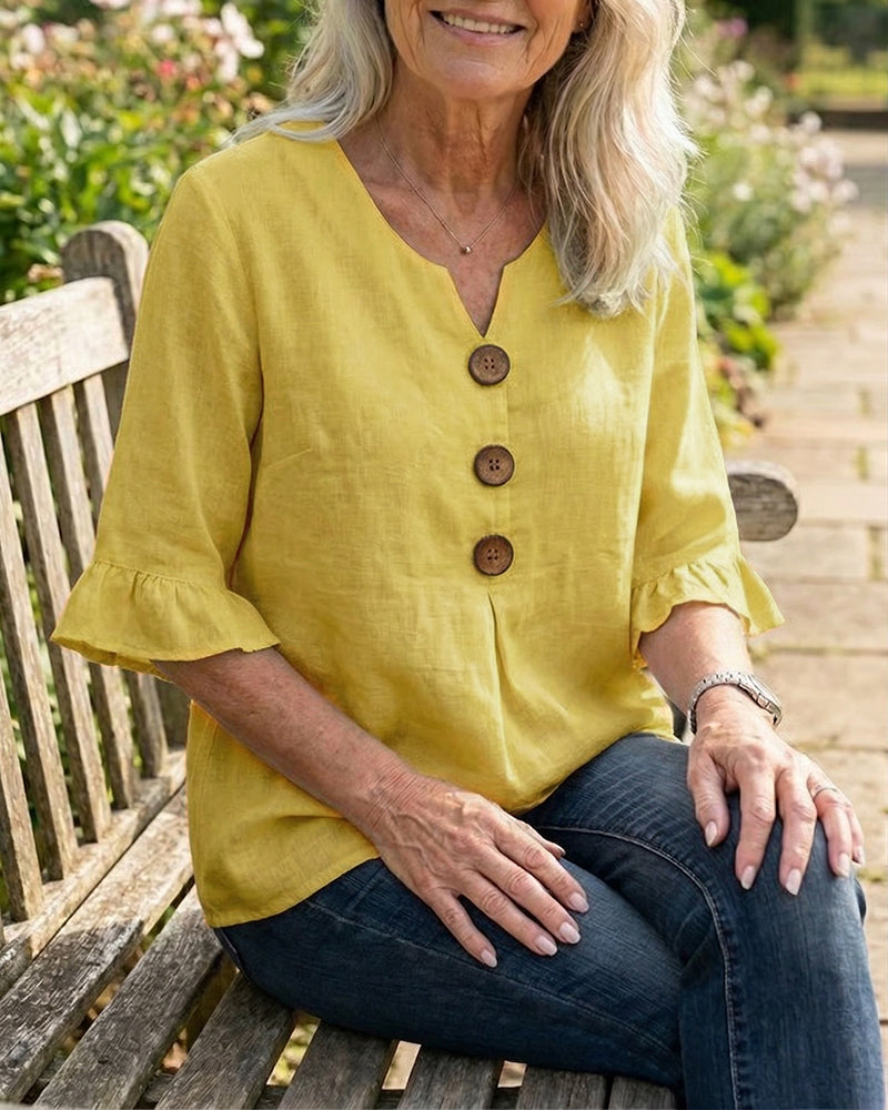 Sophia - Bluse in cotone-lino con bottoni in legno e volant