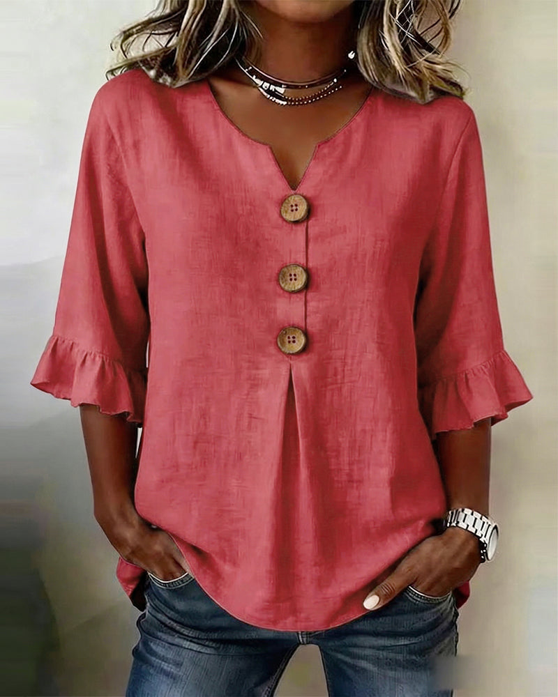 Sophia - Bluse in cotone-lino con bottoni in legno e volant