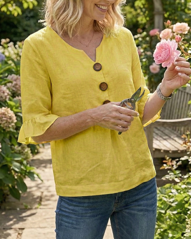 Sophia - Bluse in cotone-lino con bottoni in legno e volant