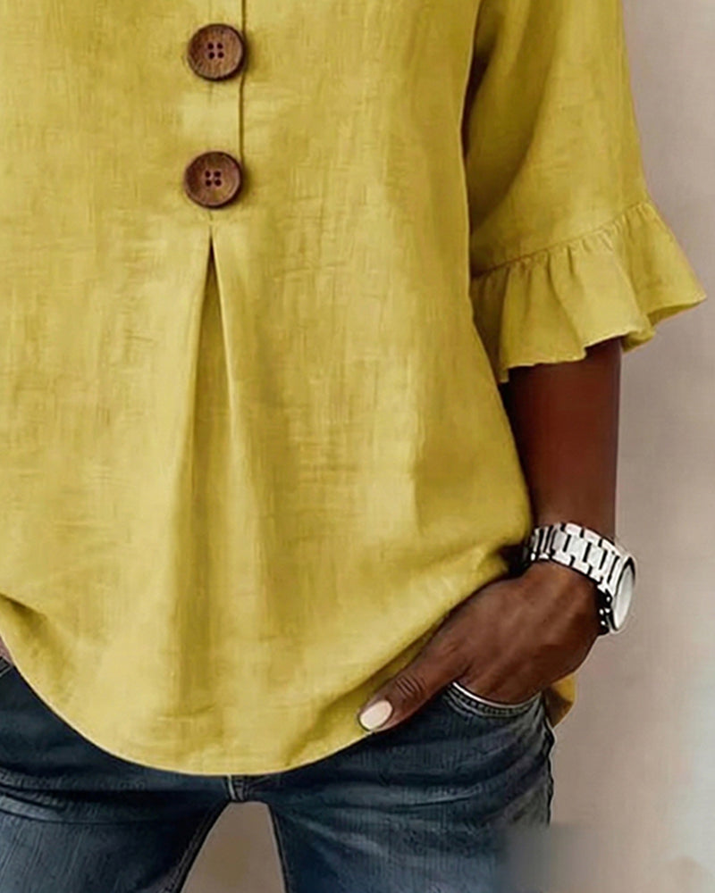 Sophia - Bluse in cotone-lino con bottoni in legno e volant