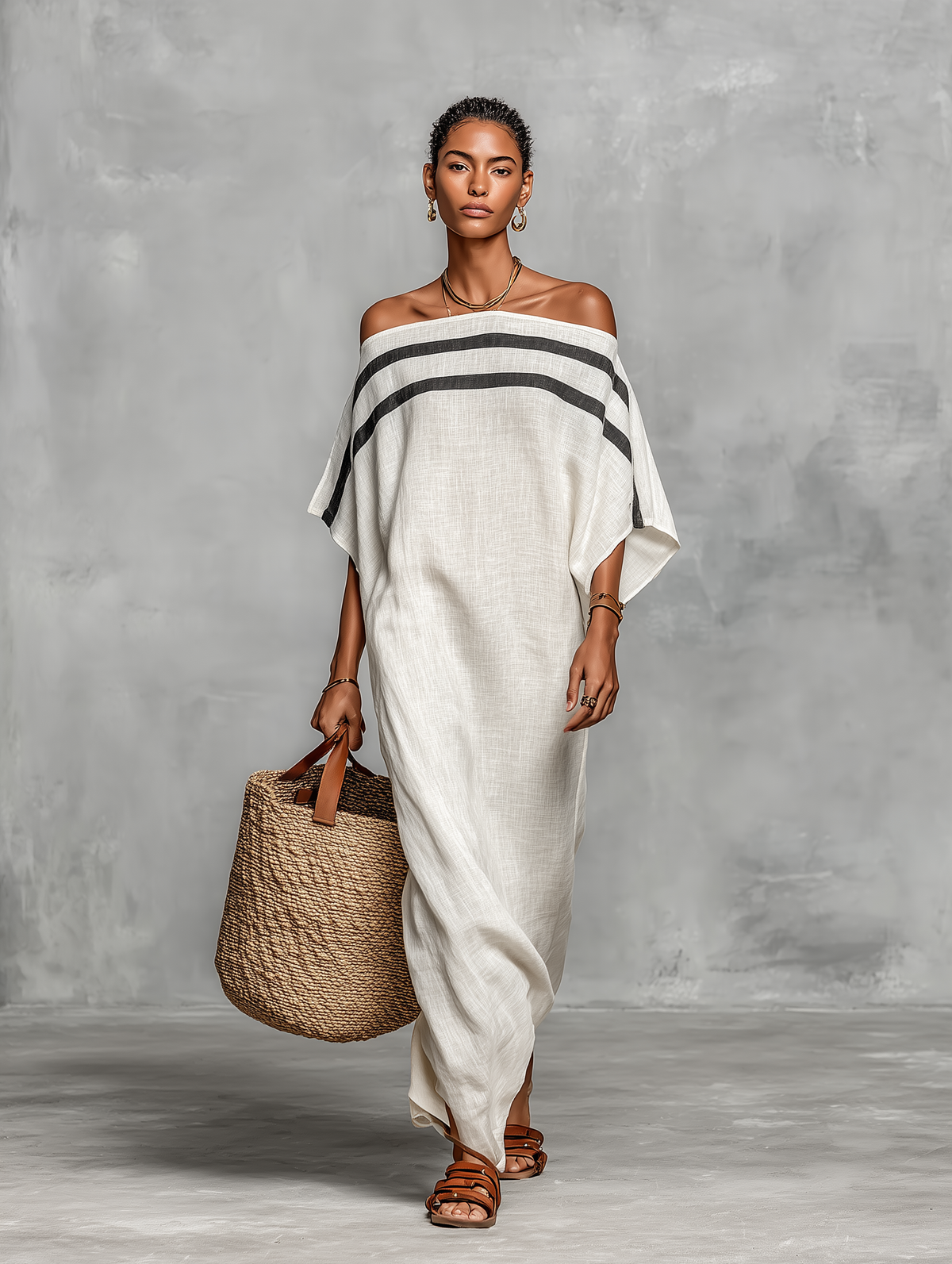 Maxi Abito Minimalista in Lino per Donna con Scollatura Off-the-Shoulder e Maniche a Pipistrello