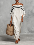 Maxi Abito Minimalista in Lino per Donna con Scollatura Off-the-Shoulder e Maniche a Pipistrello