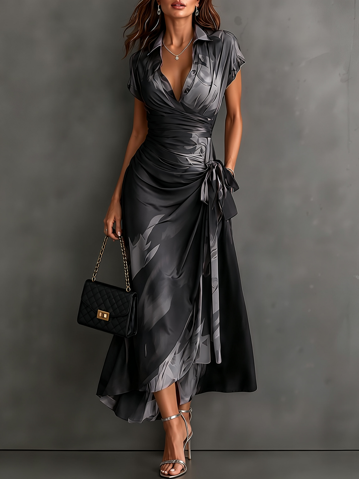 Vestito Midi Avvolgente Astratto Rosso e Nero con Collo a Camicia, Scollatura a V, Maniche Corte, Vita con Nastro e Orlo Asimmetrico Arricciato