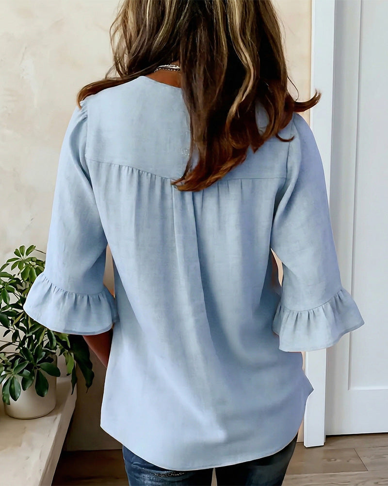 Sophia - Bluse in cotone-lino con bottoni in legno e volant
