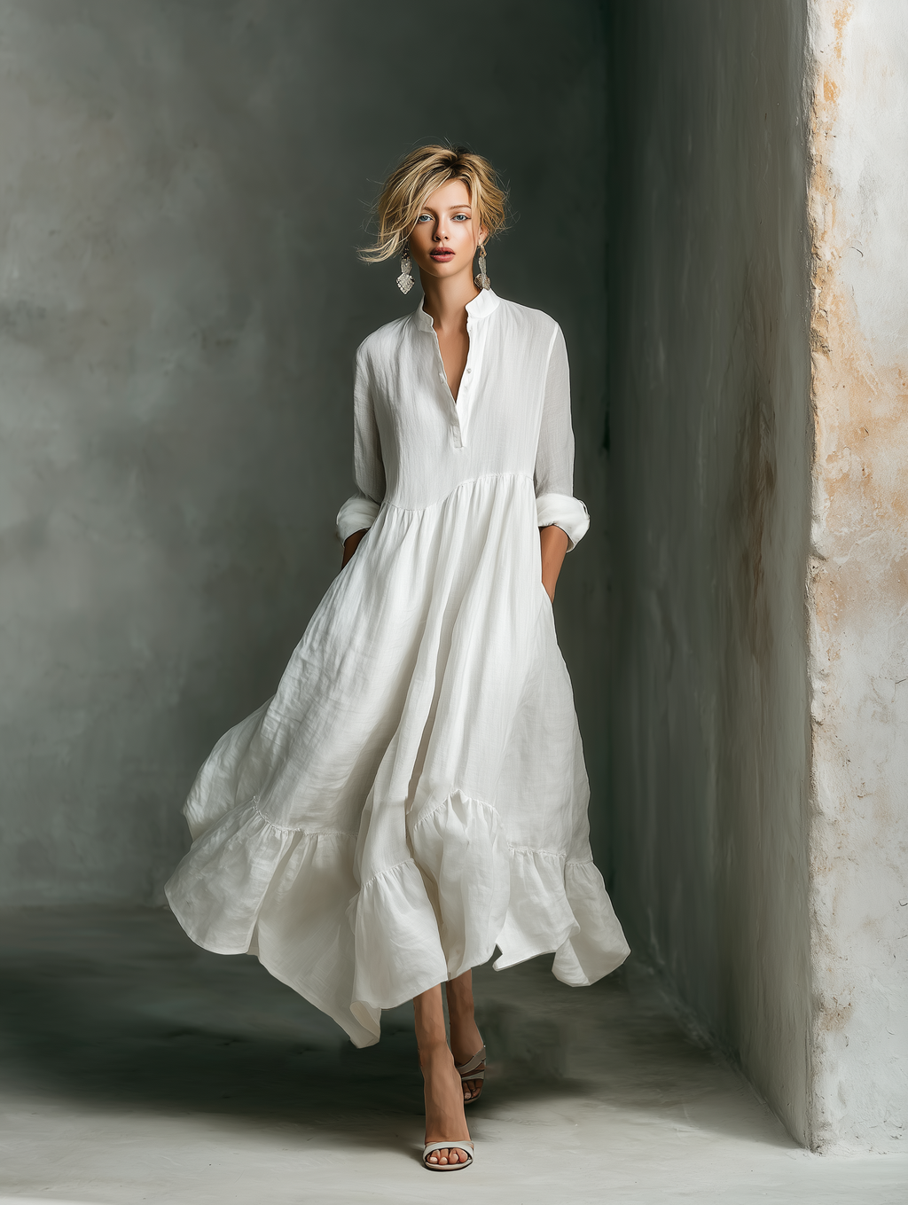 Abito lungo bianco con maniche lunghe e volant per donna