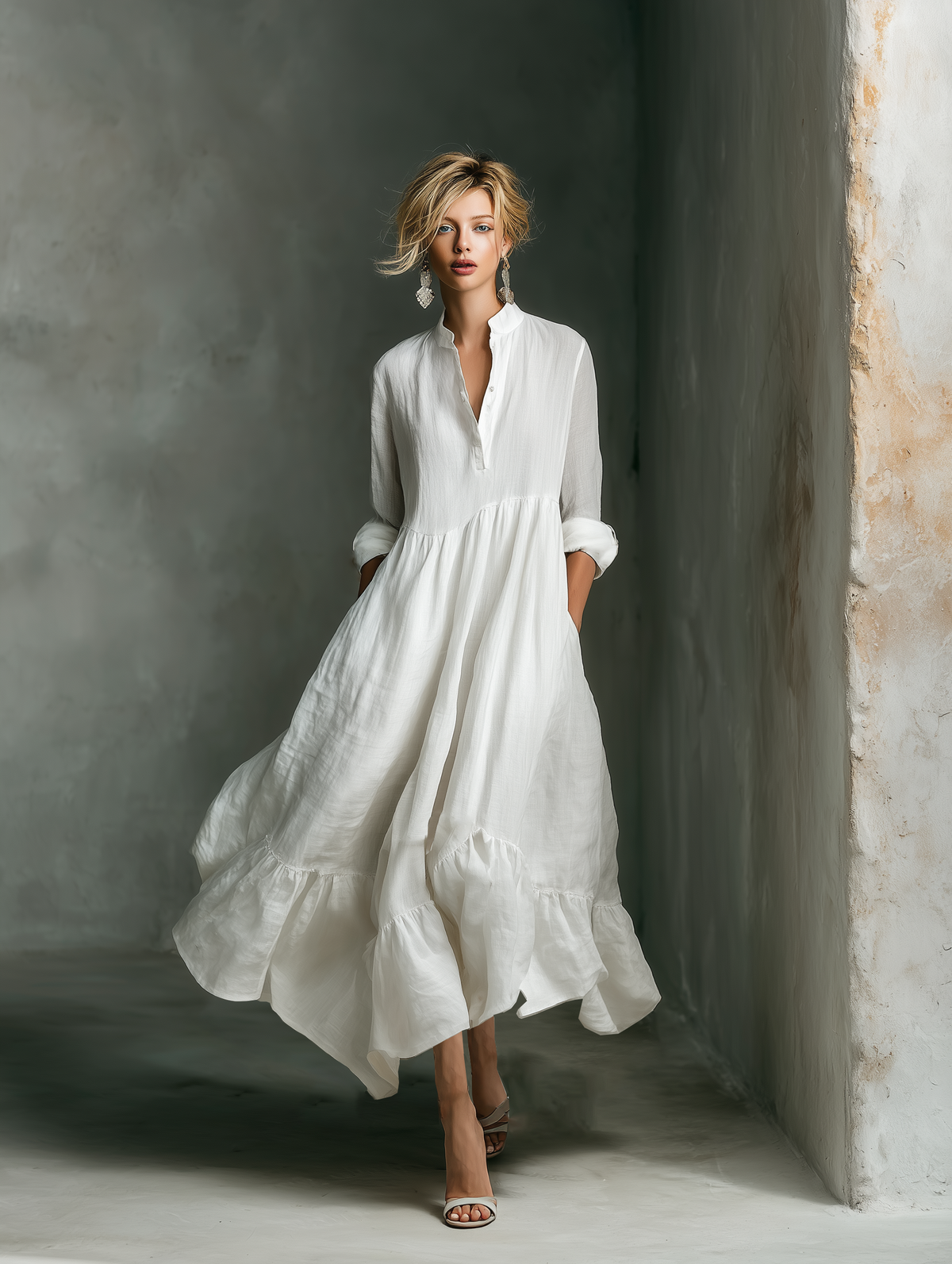 Abito lungo bianco con maniche lunghe e volant per donna