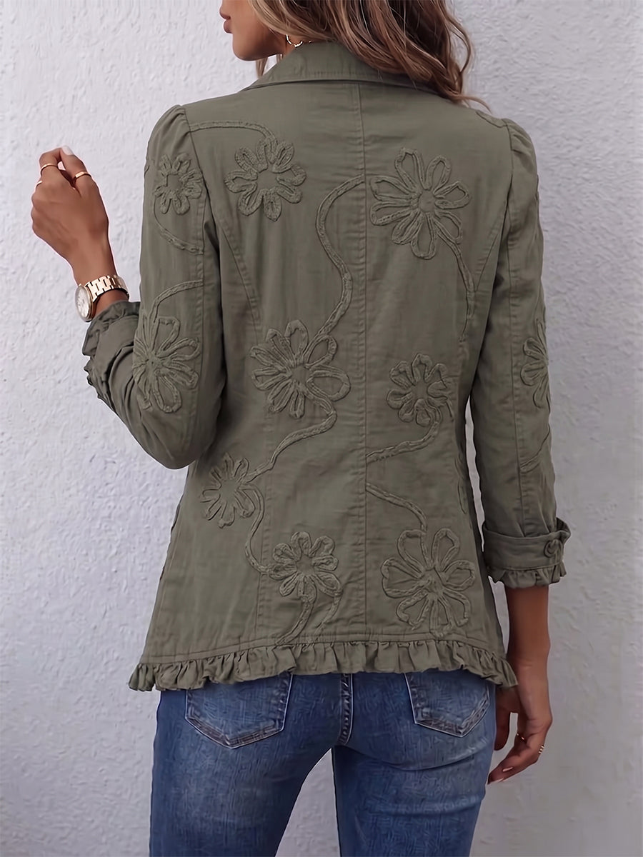 Alessandra | Giacca Bohémien-Chic Ricamata a Fiori Verde Retrò con Ruches