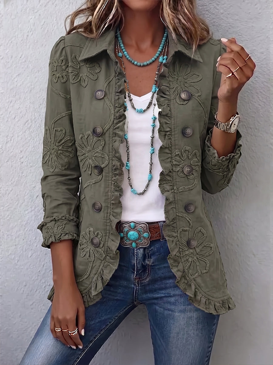 Alessandra | Giacca Bohémien-Chic Ricamata a Fiori Verde Retrò con Ruches