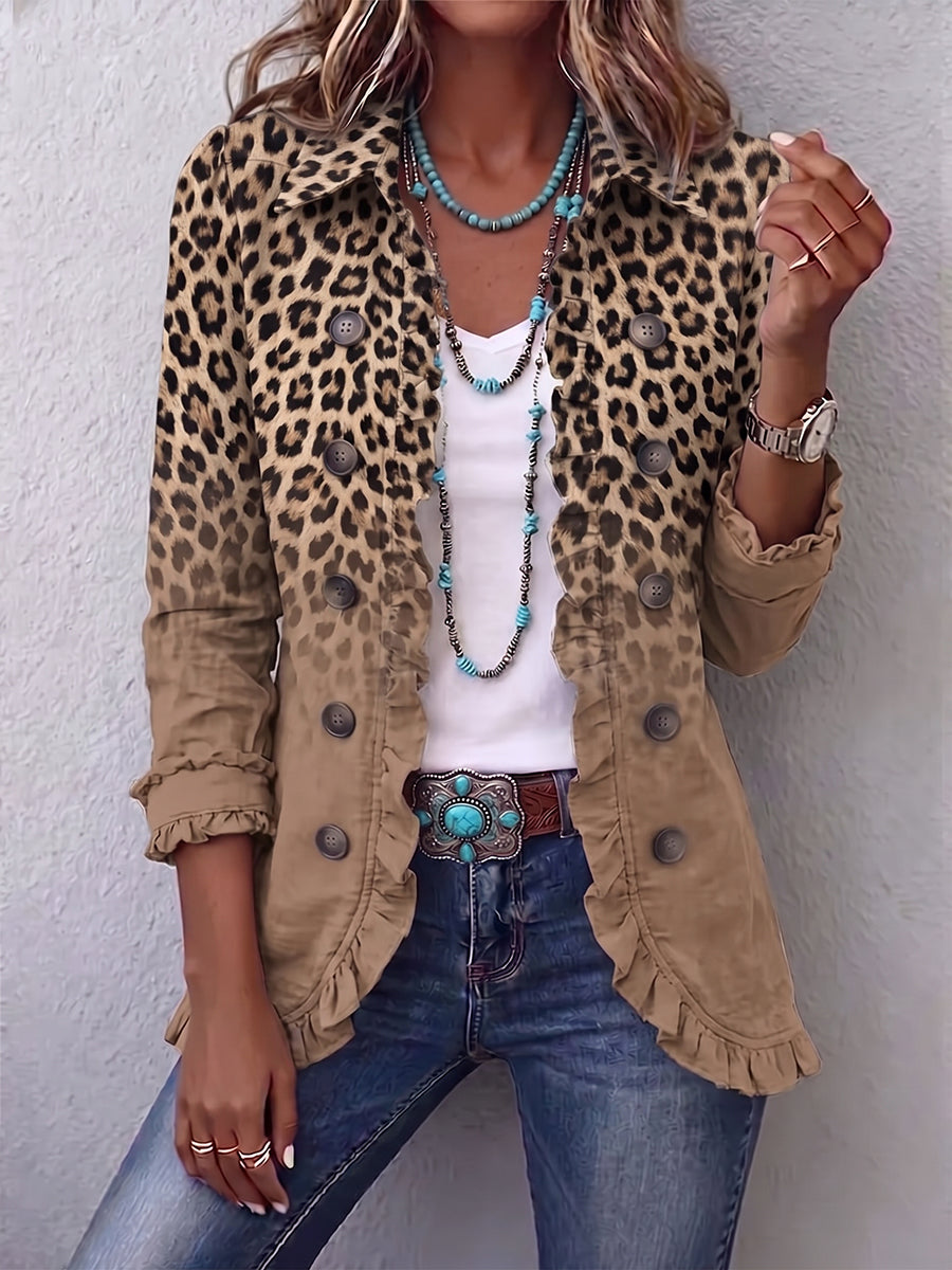 Corinna | Giacca Leopardata Vintage Sfumata Cammello con Ruches