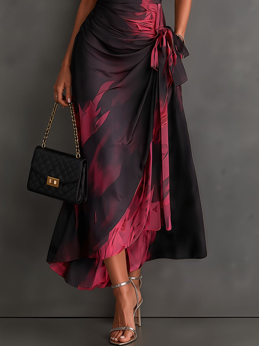 Vestito Midi Avvolgente Astratto Rosso e Nero con Collo a Camicia, Scollatura a V, Maniche Corte, Vita con Nastro e Orlo Asimmetrico Arricciato